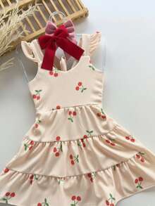Vestido Infantil Estampado Com Cerejinhas Para Meninas - Bege - Visão 1