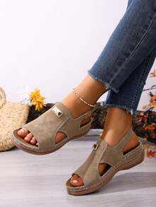 女士休闲户外平底凉鞋，基本款中国风搭扣沙滩凉鞋 - 卡其色 - 查看 3