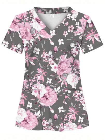 Floral Print Scrub Top, Soft, Breathable, Practical Uniform Suitable For Dental, Beauty Professionals - Nursing Scrub Shirt