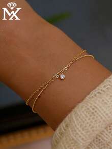 SYMFNY 1件奢华简约S925纯银双层镶嵌闪亮锆石精致手链，时尚珠宝礼物，适合送给女朋友、生日、情人节 - 金黃色 - 查看 2