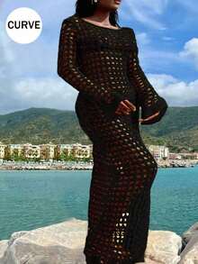 Plus Size Sexy Solid Hollow Out Long Sleeve Maxi Cruise Cover Up Dress Summer - 黑色 - 查看 2