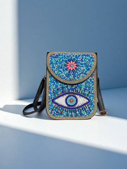 Bohemian Mysterious Eye Beaded Phone Pouch, Multi-Layer Storage For Phone, Lipstick, Keys, Convenient Access, High-Quality PU Leather, Adjustable Strap For Shoulder/Crossbody, Suitable For Vacation And Shopping