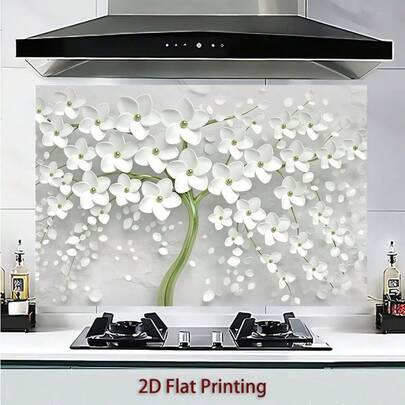 [طباعة مسطحة الأبعاد] 1 قطعة ملصق جداري للمطبخ "منظر ثلاثي الأبعاد أنيق لأشجار الزهور البيضاء" تصميم الموضوع. ملصق جداري لاصق ذاتي، مناسب للمطابخ وغرف الطعام. سهل التطبيق والإزالة دون بقايا. ملصق ديكور مطبخ وديكور منزلي حديث.