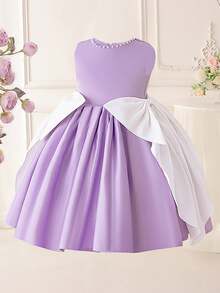 Young Girls' Sleeveless Beaded Contrast Color Big Bow Satin Elegant Flower Girl Dress, Suitable For Piano Recital, Wedding, Graduation, Prom, Celebration Events, Faux Pearl Decor (Headband Not Included) - Mauve Purple - View 7