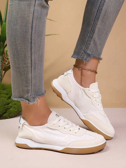 夏季新款透气休闲女鞋，轻便软底复古拼接平底硫化鞋，糖果色帆布运动鞋，舒适透气平底鞋