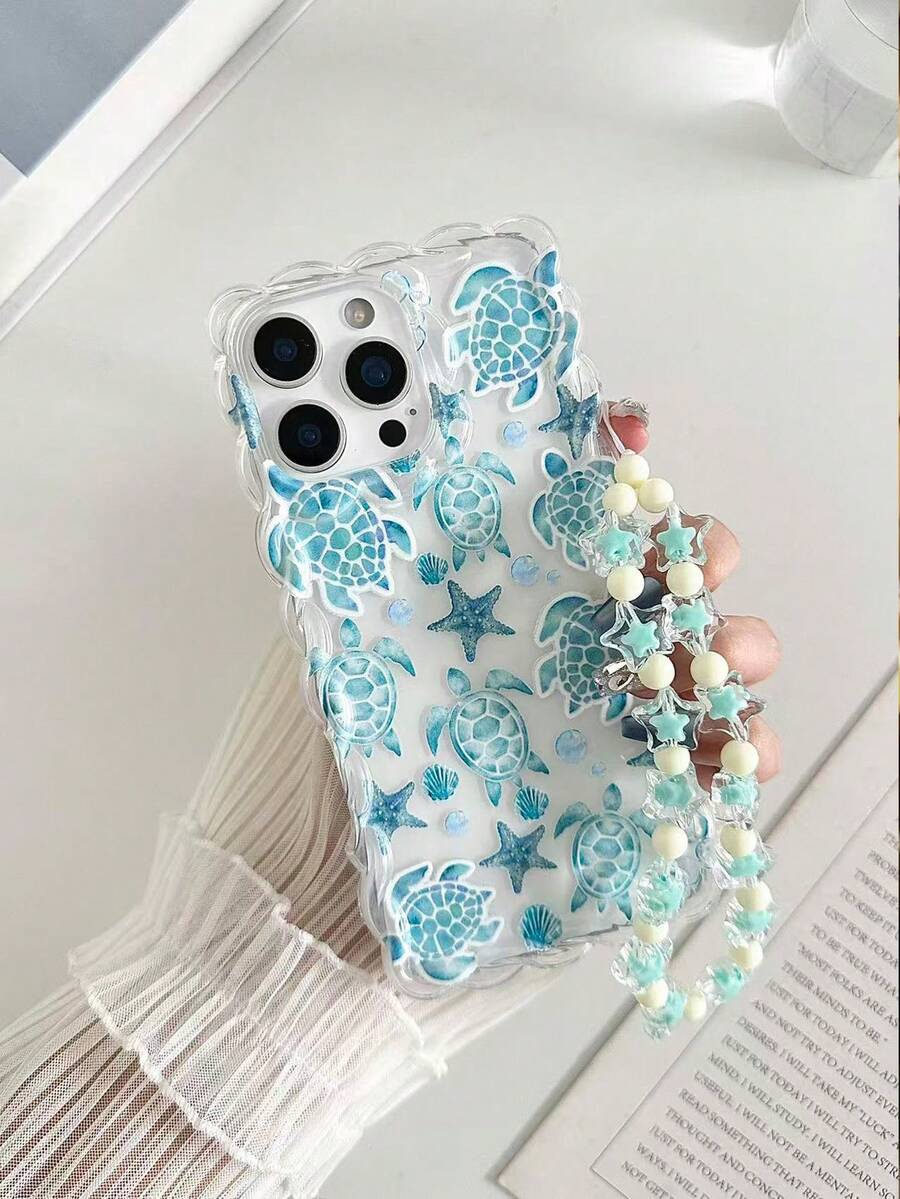 海龟彩绘编织波浪边简约优雅TPU彩绘防震手机壳，配串珠手链配件，兼容 17 Pro/17 Air/17/17 Pro Max、16/11/16 Pro/16 Plus/16 Pro Max/16 e/15 Pro Max/13/14/12/XS/XR/7G/8 Plus/XR/7/8、15 Pro Max、13、14、P12、X、12/14彩绘TPU防震软壳 - 彩色 - 查看 1