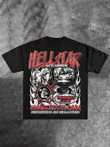 Plus Size Hellstars Records Made From Pain  Retro Graphic T-Shirt,220g 100% Cotton,Round Neck Short Sleeve,Black Streetwear Essential For Summer Going Out,Unisex Style - 黑色 - 查看 1