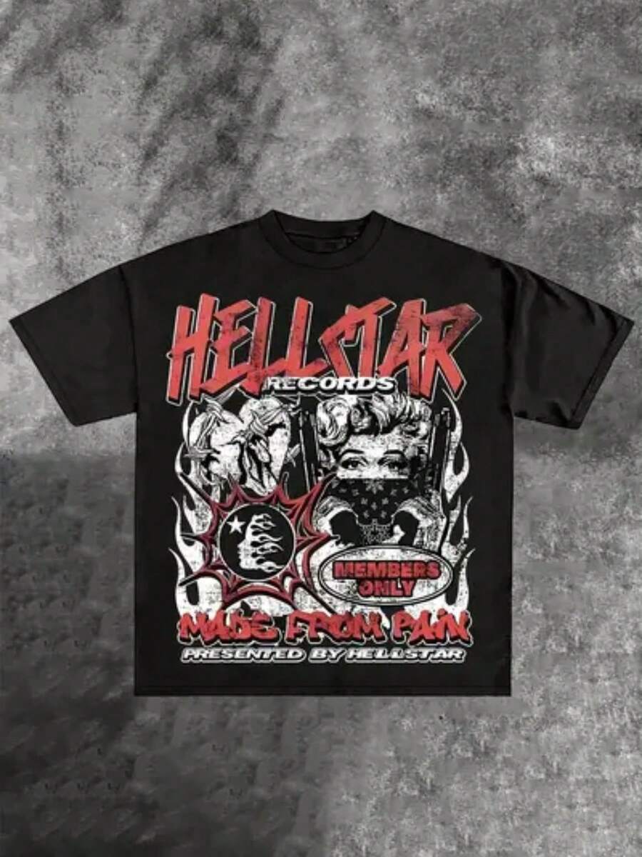 Plus Size Hellstars Records Made From Pain  Retro Graphic T-Shirt,220g 100% Cotton,Round Neck Short Sleeve,Black Streetwear Essential For Summer Going Out,Unisex Style - 黑色 - 查看 1