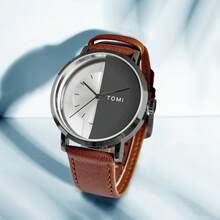 TOMI Fashionable Minimalist Smartwatch For Teenagers, Technology Personalized Hollow See-Through Half-Face Leather Strap Watch - Brown - View 7