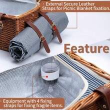 Cesta de picnic de mimbre para 4 personas con manta de picnic impermeable compartimento grande con aislamiento bolsa de vino juego de cubiertos para camping viajes de día playa senderismo - Marrón - Ver 3