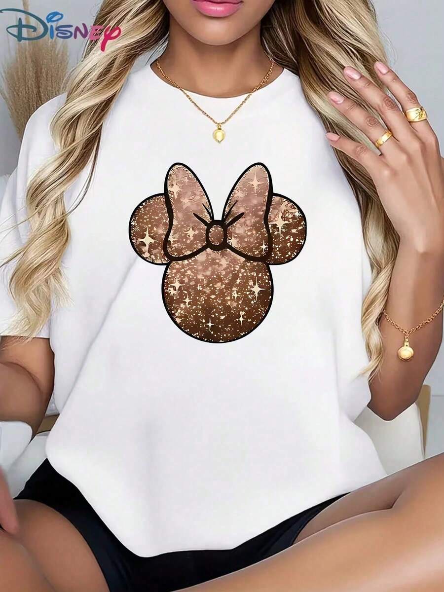 Disney Women's Casual Cotton Round Neck Short Sleeve T-Shirt With Bronze Glitter Minnie Mouse Graphic Print, Regular Length Top - 白色 - 查看 1