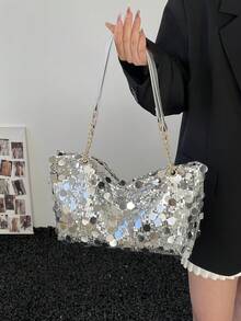 1pc Fashionable Large Capacity Party Sequin Glitter Women's Shoulder Tote Bag, Suitable For Party, Banquet, Travel - Silver - View 6