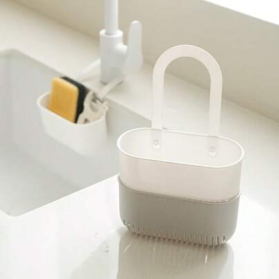 1 cái rổ lọc rác treo bồn rửa màu trắng, không cần dùng tay | Rổ lọc rác treo bằng nhựa, tháo lắp dễ dàng chỉ bằng một nút bấm, thích hợp cho nhà bếp và phòng tắm