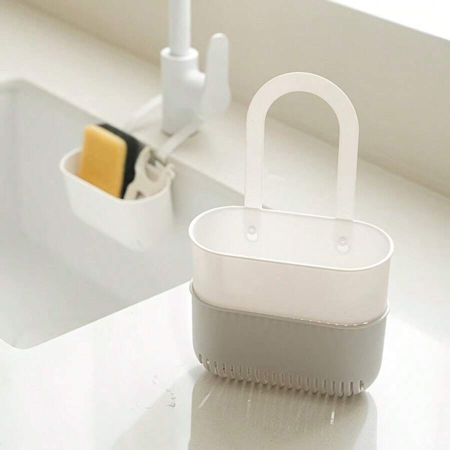 1 cái rổ lọc rác treo bồn rửa màu trắng, không cần dùng tay | Rổ lọc rác treo bằng nhựa, tháo lắp dễ dàng chỉ bằng một nút bấm, thích hợp cho nhà bếp và phòng tắm