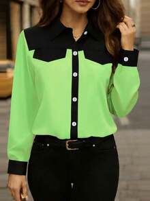 New Arrival Fashion Women's Colorblock Button-Up Shirt, Suitable For All Seasons Spring - Green - View 1