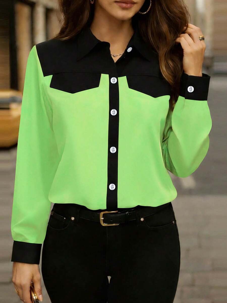 New Arrival Fashion Women's Colorblock Button-Up Shirt, Suitable For All Seasons Spring - Green - View 1