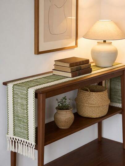 Nordic Boho Striped Green Table Runner: Handwoven With Tassels, Suitable For Spring Dining Tables, Round Coffee Tables And Rustic Home Decor, Perfect For Wedding Receptions, Outdoor Parties And Valentine's Day Decorations. Rectangular Design Fits Home And Dining Room Decor, Can Be Used As Kitchen Dining Table Centerpiece, Decorative Tabletop Accessory And Farmhouse Style Decor. Beautifully Woven, Durable Fabric.
