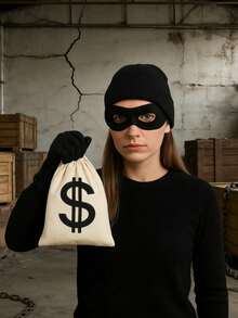 4pcs/Set Thief Costume, Including 1 Dollar Money Bag, 1 Pair Black Gloves, 1 Mask, 1 Black Hat - Suitable For Theme Parties, Cosplay, Treasure Hunters, Halloween Parties, Role-Playing, Team Building Activities, Funny Dress-Up - Black - View 2