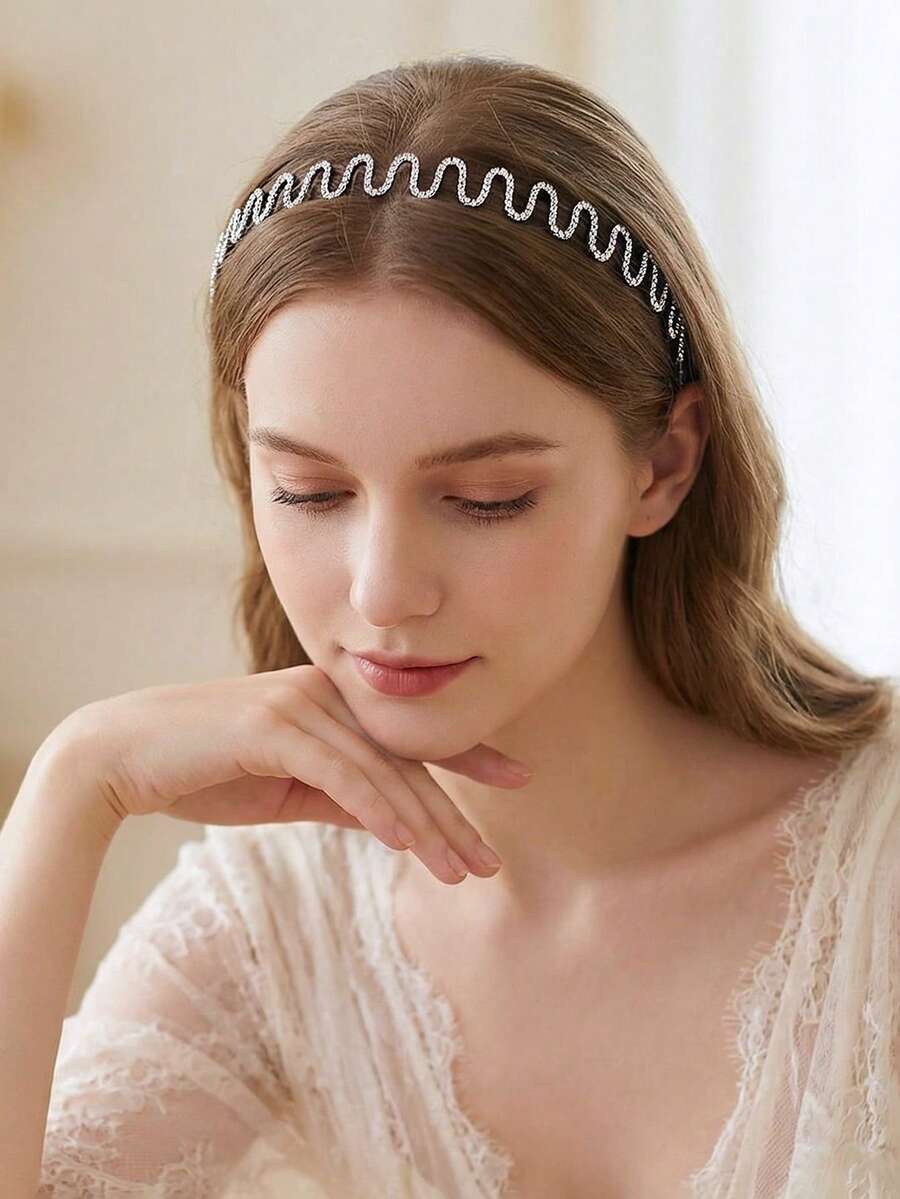 1件简约优雅波浪水晶发箍，百搭日常佩戴、派对、婚礼、节日美妆家居发饰 - 銀色 - 查看 1