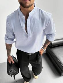 GloMan 复古风男士衬衫，半开领亚麻面料，透气长袖，宽松版型，适合度假、派对、办公等场合，优雅休闲的男士礼物，春秋必备。圣诞节、新年礼物送给父亲或丈夫，母亲节礼物。 - 藍色 - 查看 5