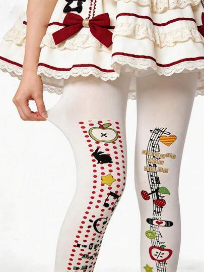 1 Pair Anime Cat & Music Note Apple Print Tights For Women