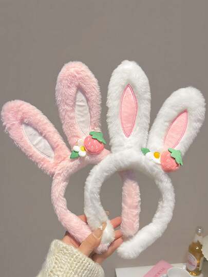1pc Women Cute Cartoon Strawberry Rabbit Ear Plush Hairband For Ladies, New Style Face Washer Hairband, Three-Dimensional Hairband, Hair Accessory, Headwear Accessory