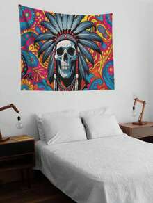 Headdress Skeleton Wall Tapestry – Boho Skull Art Wall Hanging For Bedroom Dorm,   Decor,Gothic Spiritual Home Tapestries - Multicolor - View 7