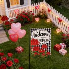 1pc Welcome To Our Porch Garden Flag (12"X18"), Double-Sided Yard Flag, Holiday Supplies, Holiday Arrangements, Garden Decor, Yard Outdoor Small Decorations Burlap, Yard Decor, Yard Supplies, Party Decor, Wedding Event Party Daily Decor (No Pole) - Black Check Rose Style - View 5