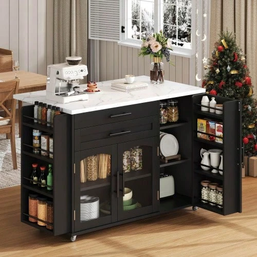 Mobile Kitchen Island With Foldable Work Surface, Kitchen Trolley, 5 Wheels, Multiple Storage Solutions, Spice Rack, Cutlery Drawer, 120 X 45 (70) X 90 Cm - 黑色 - 查看 1