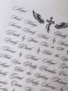 2 piezas Pegatinas de uñas con alas de ángel, cruz y estrella en estilo gótico y caligrafía inglesa oblicua, decoraciones de arte de uñas con estilo Y2K - Negro - Ver 2