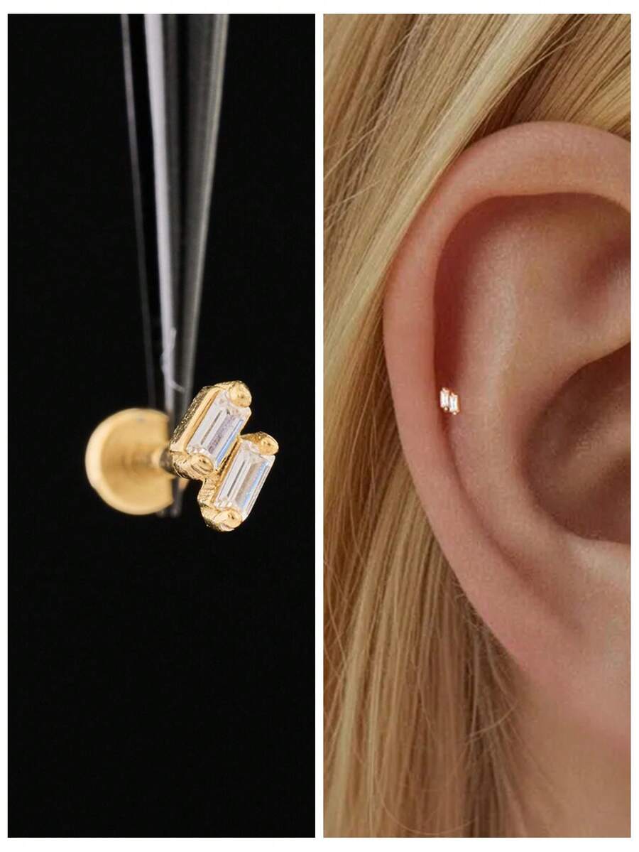 1件装925纯银耳钉，女士耳骨钉，平底耳廓耳钉，适合日常佩戴、婚礼、派对、订婚等场合，精美首饰 - 金色 - 查看 1