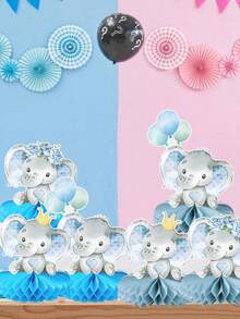 6个蓝色小象主题纸质蜂窝装饰，可爱蜂窝中心装饰，适用于婴儿派对、生日派对、性别揭晓派对、一周岁生日派对背景装饰、婴儿派对回礼、派对用品 - 藍色大象 - 查看 3
