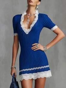 女士奢华优雅罗纹针织半身裙，蕾丝边V领修身迷你裙 - 藍色 - 查看 4