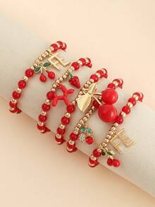 1 Set Bohemian Style Cherry Heart Pendant Multi-Layer Stacking Bracelet, Elegant Personalized Daily Wear Jewelry For Women - Multicolor - View 2