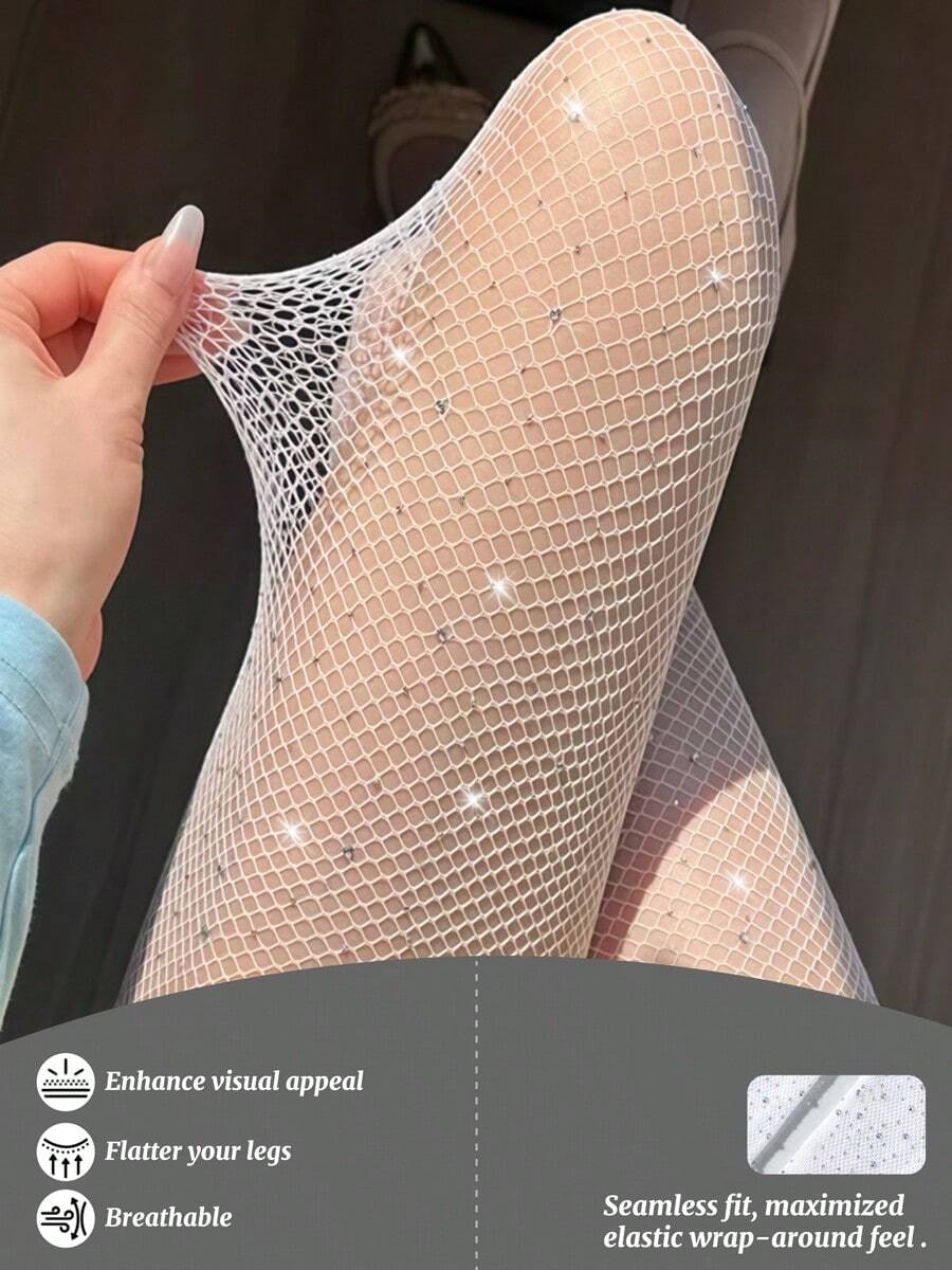 1 pieza Medias de red con diamante de imitación sexy para mujer, mallas de red transpirables y ultradelgadas, pantalones ajustados con alta elasticidad y efecto moldeador, adecuado para discoteca y fiesta, primavera/verano - Blanco - Ver 1