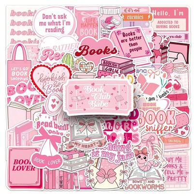 50张粉色浪漫阅读主题涂鸦贴纸，可用于装饰行李箱、骑行装备、水壶、DIY滑板、行李箱、头盔等，自粘式