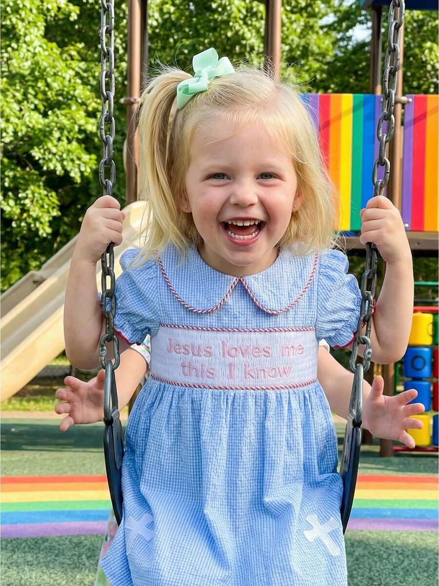 Little Girls Easter Dress Summer Short Sleeve Doll Collar Letter Cross Embroidery A-Line Dress - Màu xanh lam - Xem 1