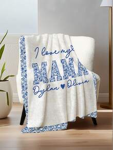 1pc Custom Name I Love My Mama Blanket, Blue Splatter Varsity Letter Flannel Throw, Personalized Mother's Day Gift For Mom - Style 2 - View 5