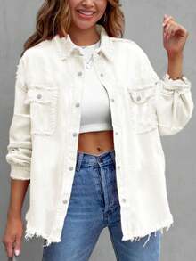 Women's Single-Breasted Frayed Hem Casual Versatile Daily Wear Long Sleeve Denim Jacket Spring - White - View 5