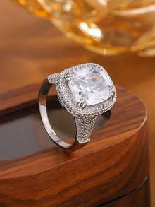 Trang sức quà tặng đính hôn hình học tinh tế với bốn chấu, đính đá Cubic Zirconia tổng hợp hình vuông. - trắng - Xem 6