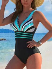 Maillot de bain une pièce sans manches col V profond patchwork rayures géométriques été 2026 plage vacances - Multicolore - Voir 5
