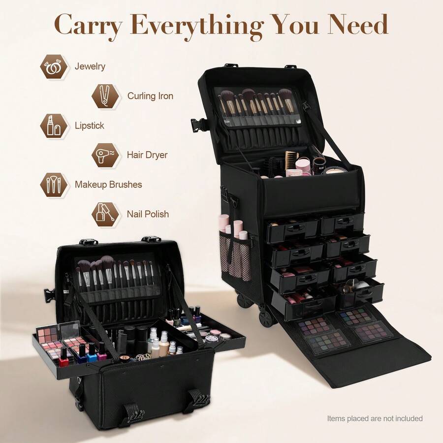 RibasuBB 2-In-1 Cosmetic Trolley, Large Capacity Makeup Case With Drawers & Pull-Out Trays, Waterproof Nylon, Travel-Friendly With Wheels & Adjustable Shoulder Strap - Black - View 1
