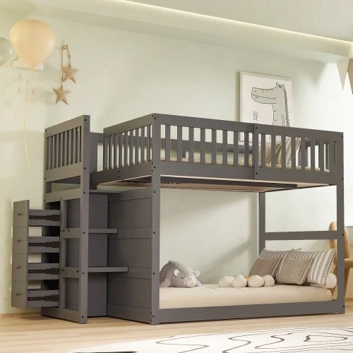 Low Bunk Bed 140 X 200 Cm, Secure Bunk Bed With Storage Compartment, Frame With Guardrail, Wooden Bed, Grey - Dark Grey - View 1