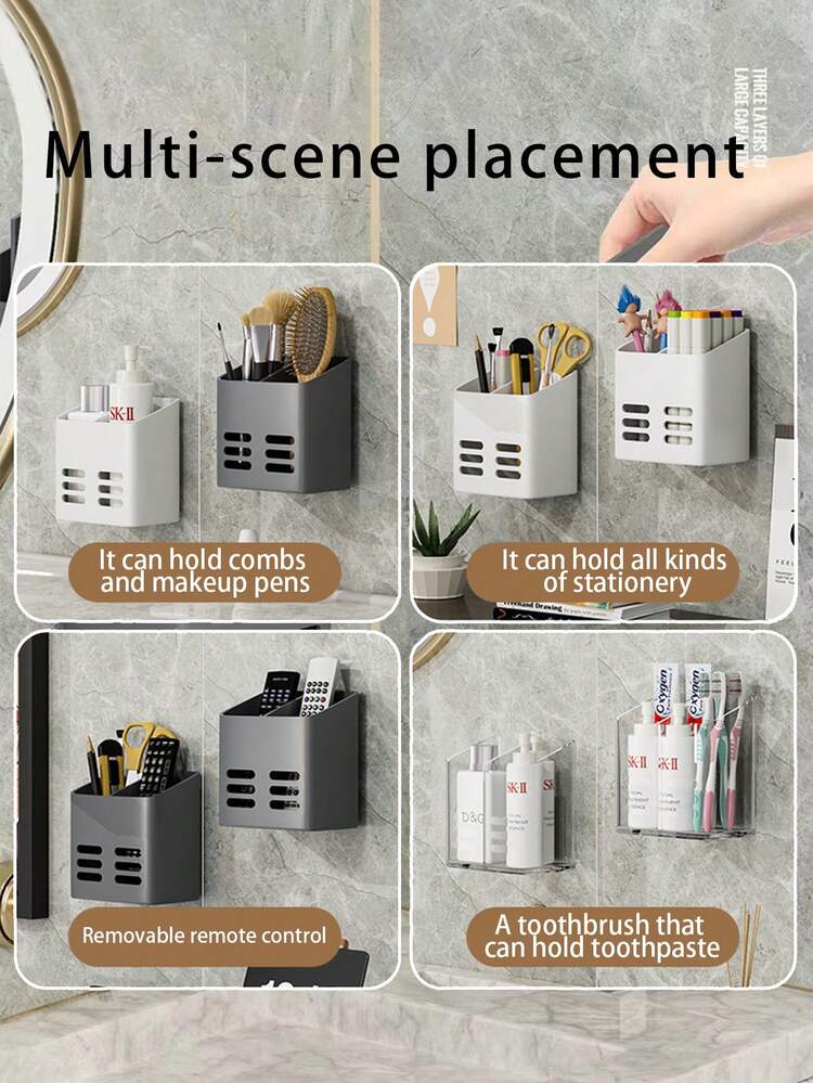1pc Wall Mounted Storage Basket, Bathroom Cosmetic Organizer Rack, Toothpaste Toothbrush Comb Storage Basket - View 4