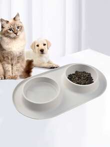Silicone Pet Bowl, Basic Bowl, Dual-Compartment, Dry & Wet Food Separation - Light Gray Double Bowl (without Stainless Steel Bowl) - View 8