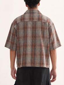 【热销】男士及青少年男孩宽松格子翻领短袖衬衫，方正短款时尚休闲衬衫 - 亮橙色 - 查看 4