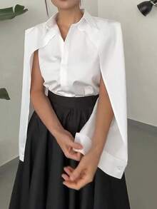 Women's Solid Color Split Long Sleeve Single-Breasted Casual Shirt, Spring/Summer White - White - View 6