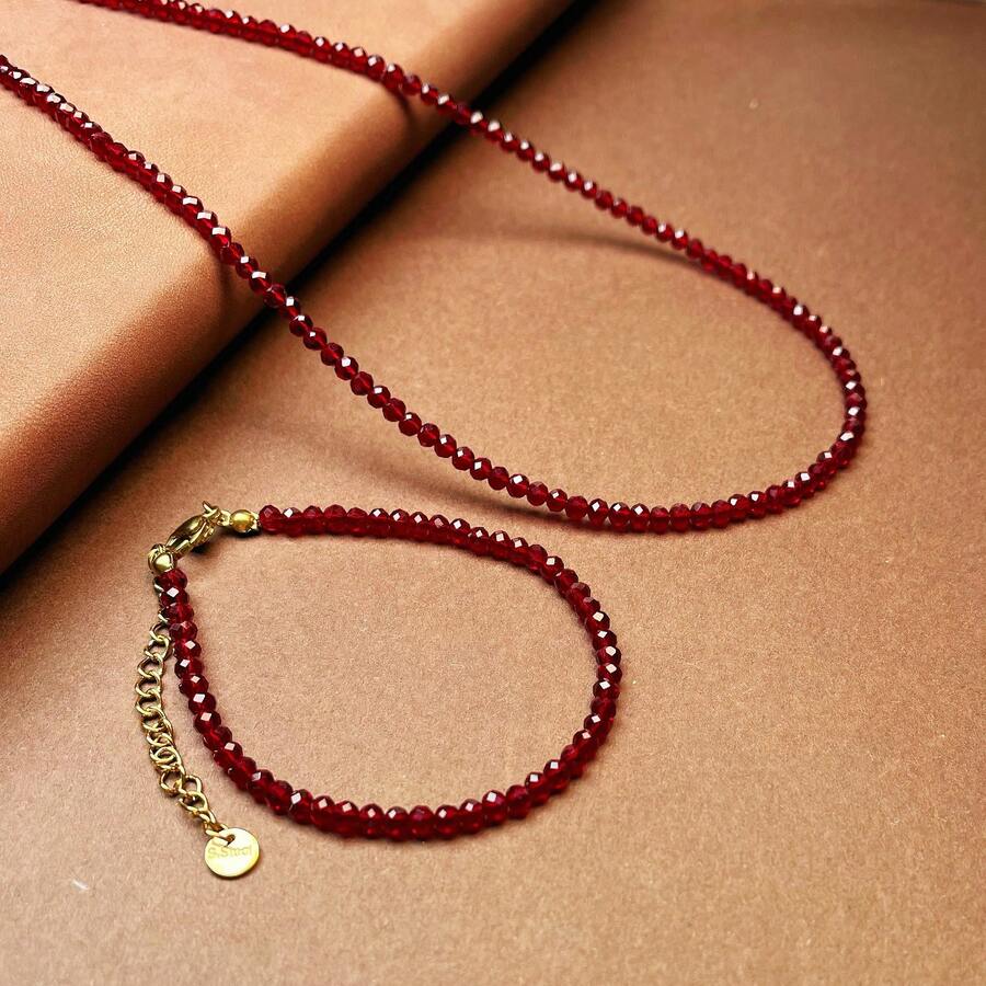 2 piezas Elegante conjunto de collar y pulsera de piedra de granada, corte natural y piedra preciosa pulida a mano - Multicolor - Ver 1