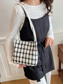 Fashionable Woven Plaid Shoulder Bag, Commuter Bag, Niche Underarm Bag - White - View 4