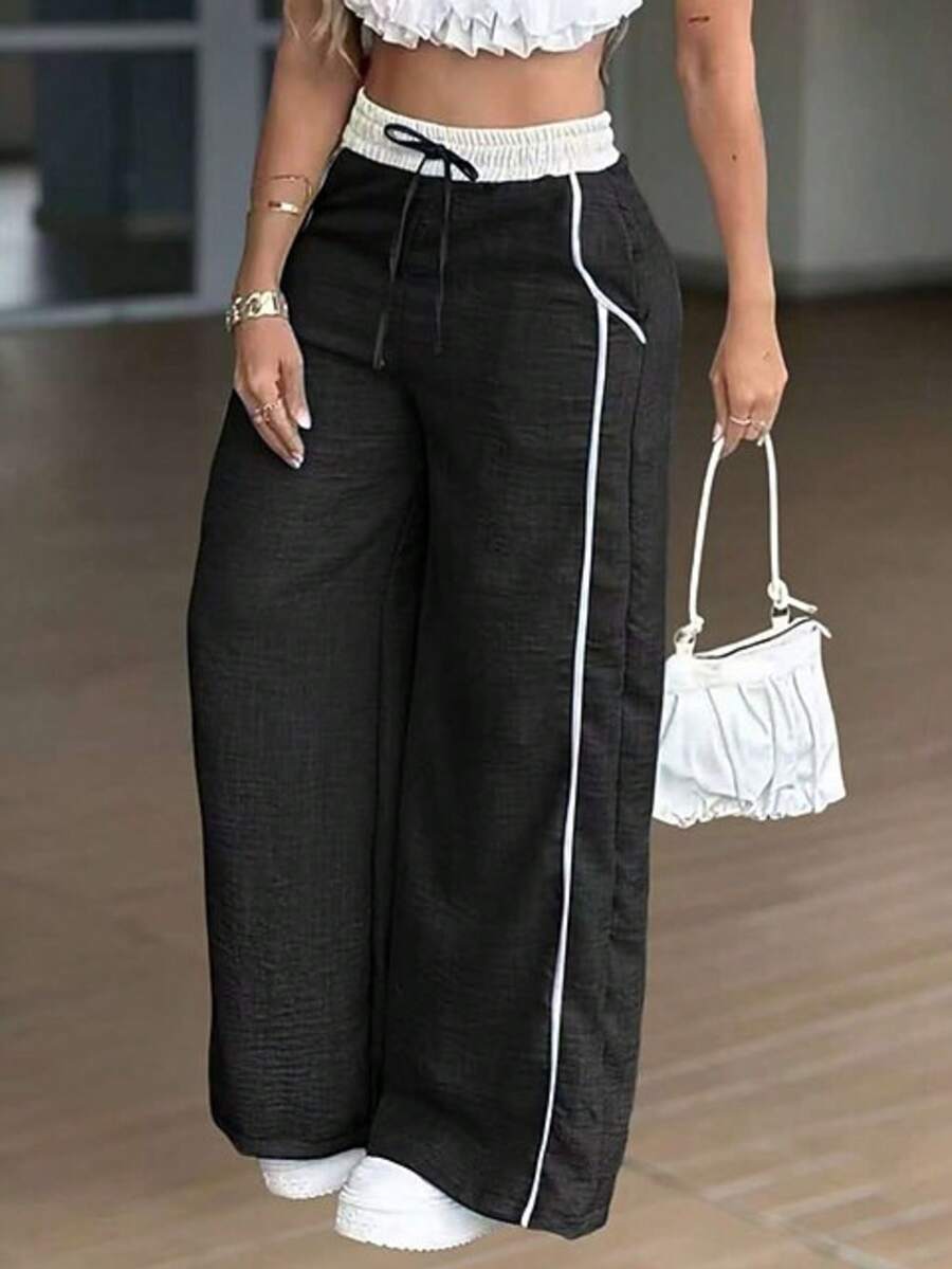 Y2K浅绿灰色高腰阔腿裤，欧美宽松休闲裤，春夏百搭显瘦直筒阔腿裤 - 黑色 - 查看 1